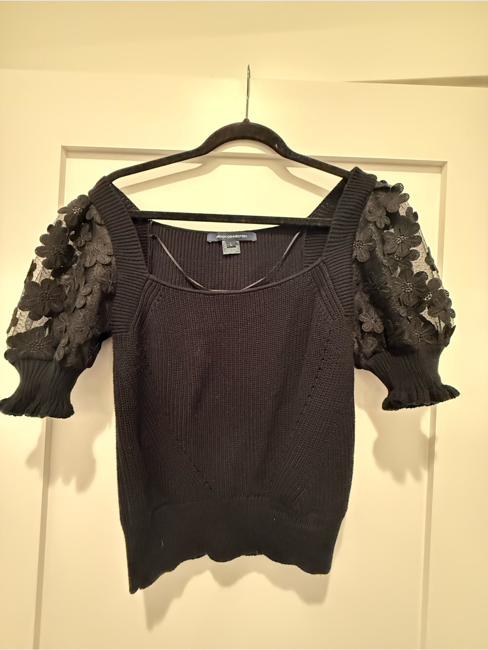 French Connection Black Off-Shoulder Floral-Appliqué Puff Sleeve Sweater